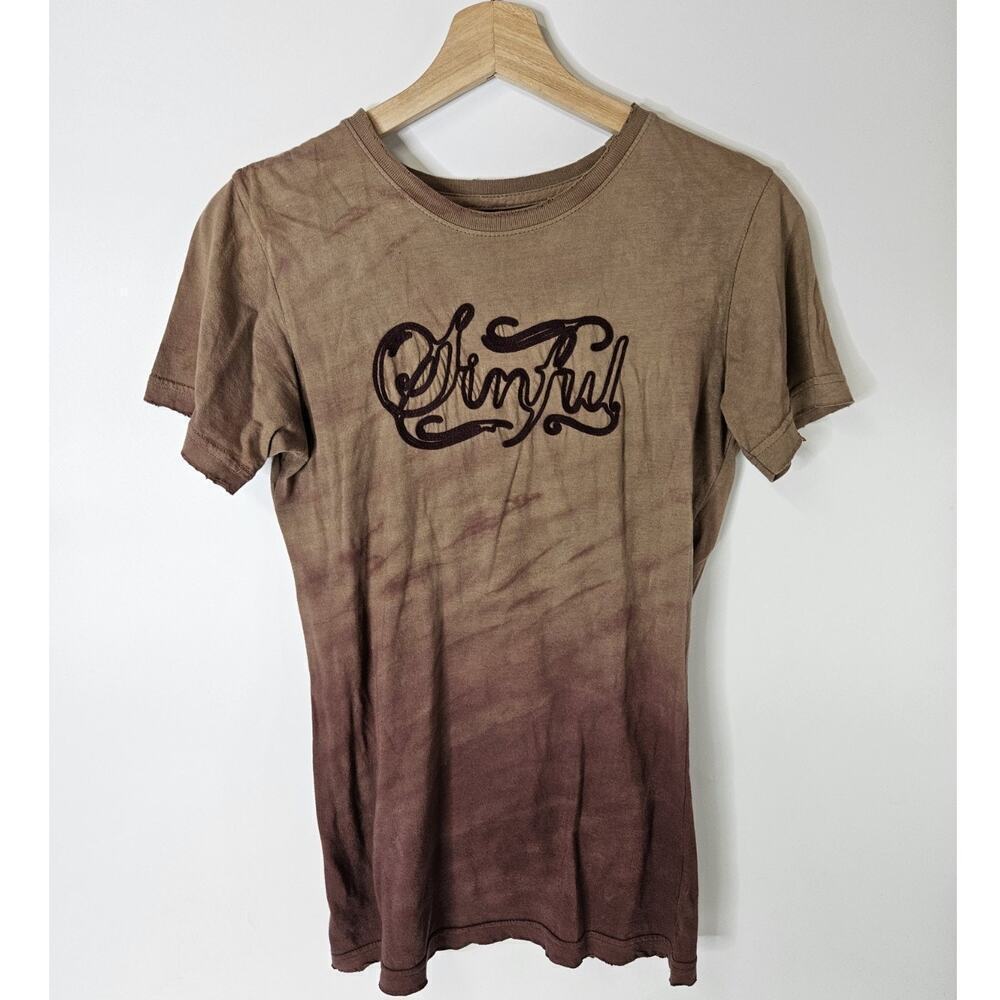 Affliction Sinful Women's L Brown Grunge Skater Distressed Y2K Wings Shirt